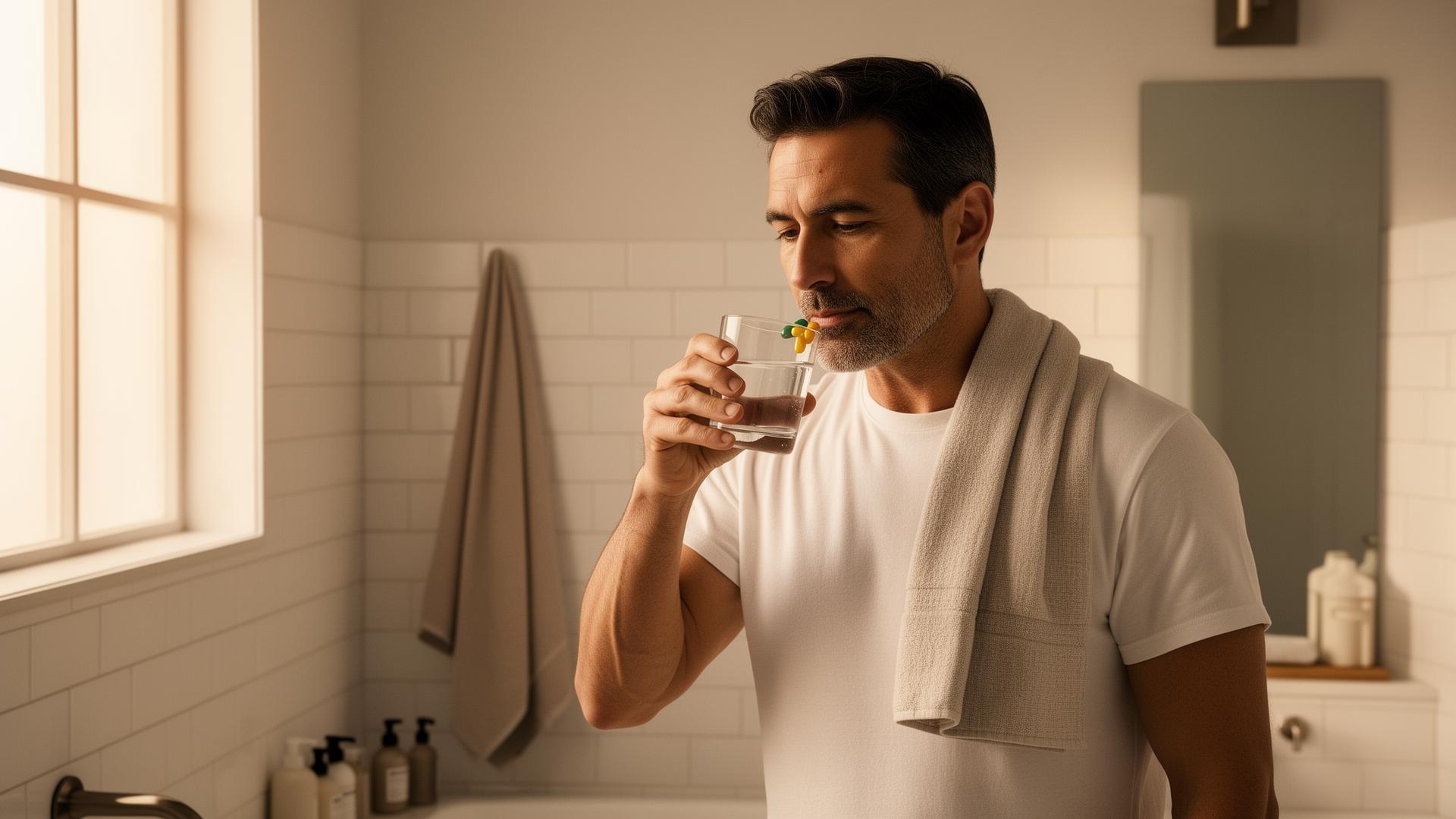 A man taking a daily supplement in a sunlit bathroom.