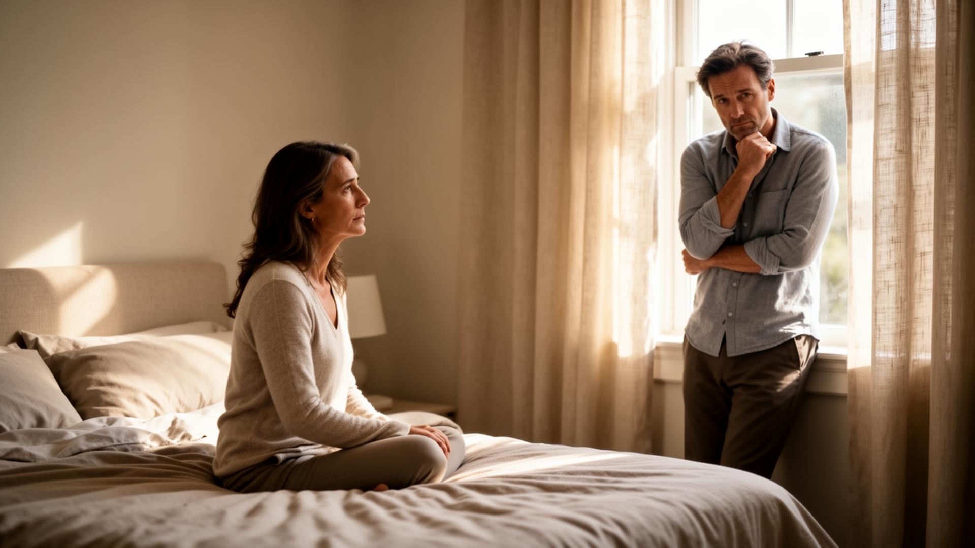 A married couple in soft morning light, sitting apart on a bed.