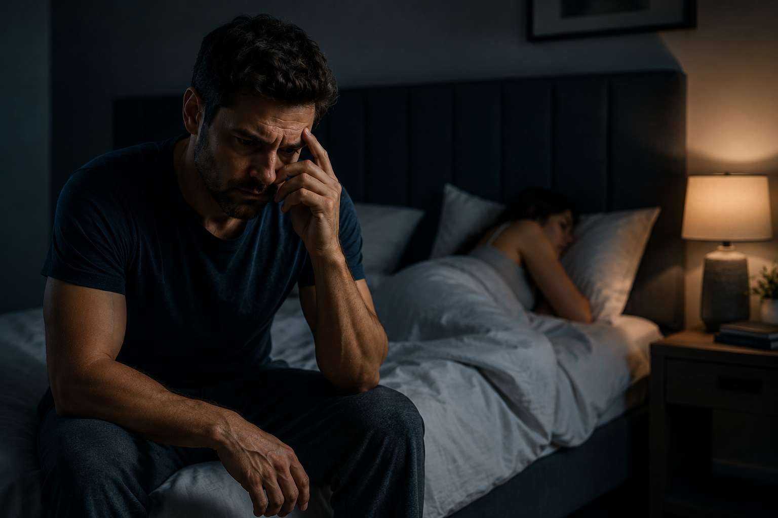 A man sitting at the edge of the bed at night, partner asleep behind him.