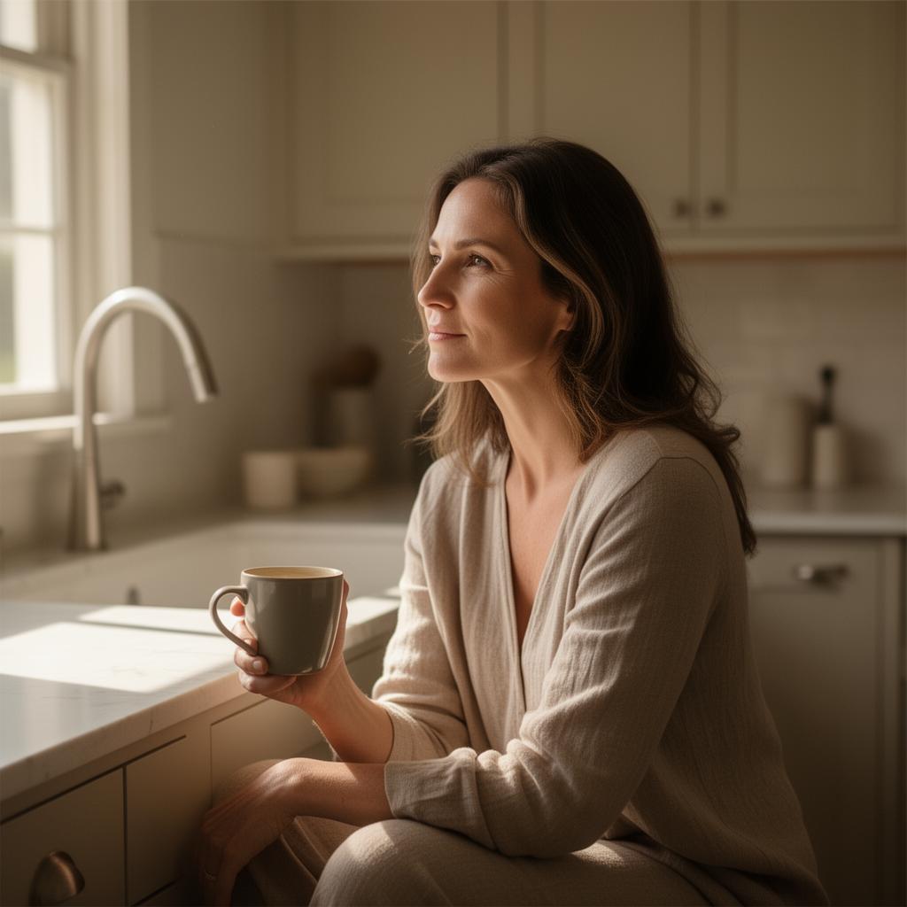 A wife in a sunlit kitchen, reflective.